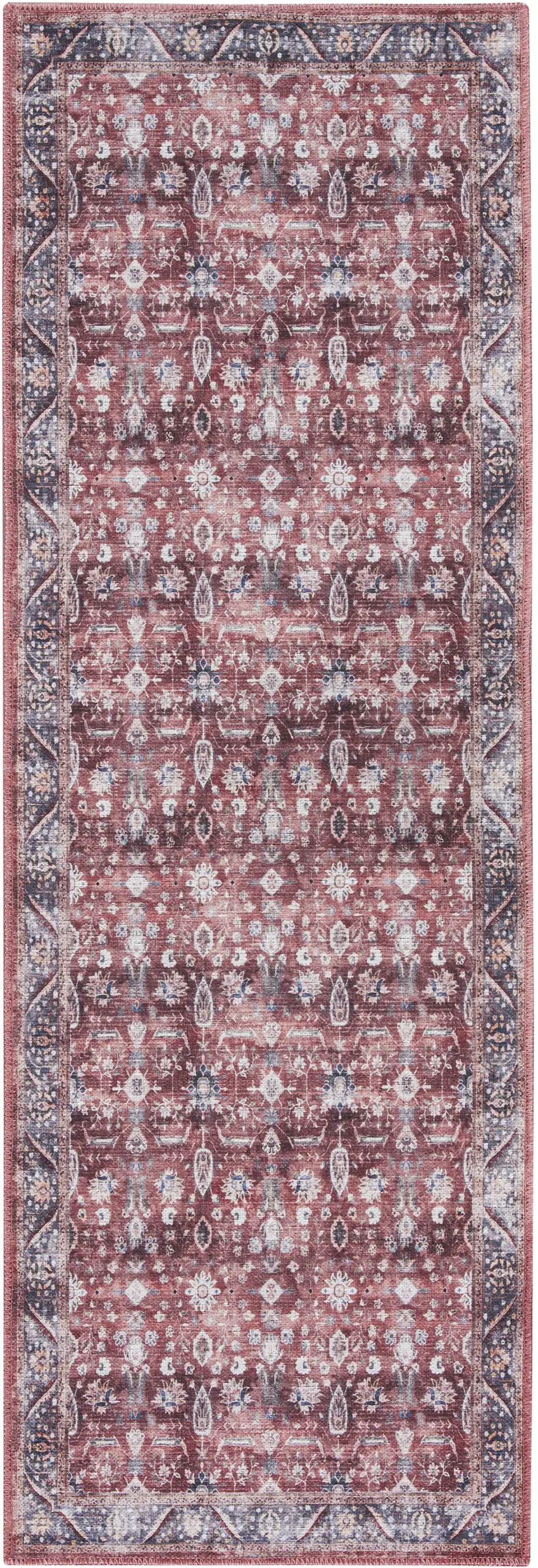 6' Red and Ivory Oriental Power Loom Distressed Washable Non Skid Runner Rug Photo 1