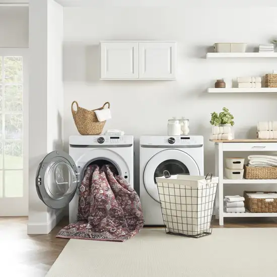 6' Red and Ivory Oriental Power Loom Distressed Washable Non Skid Runner Rug Photo 7