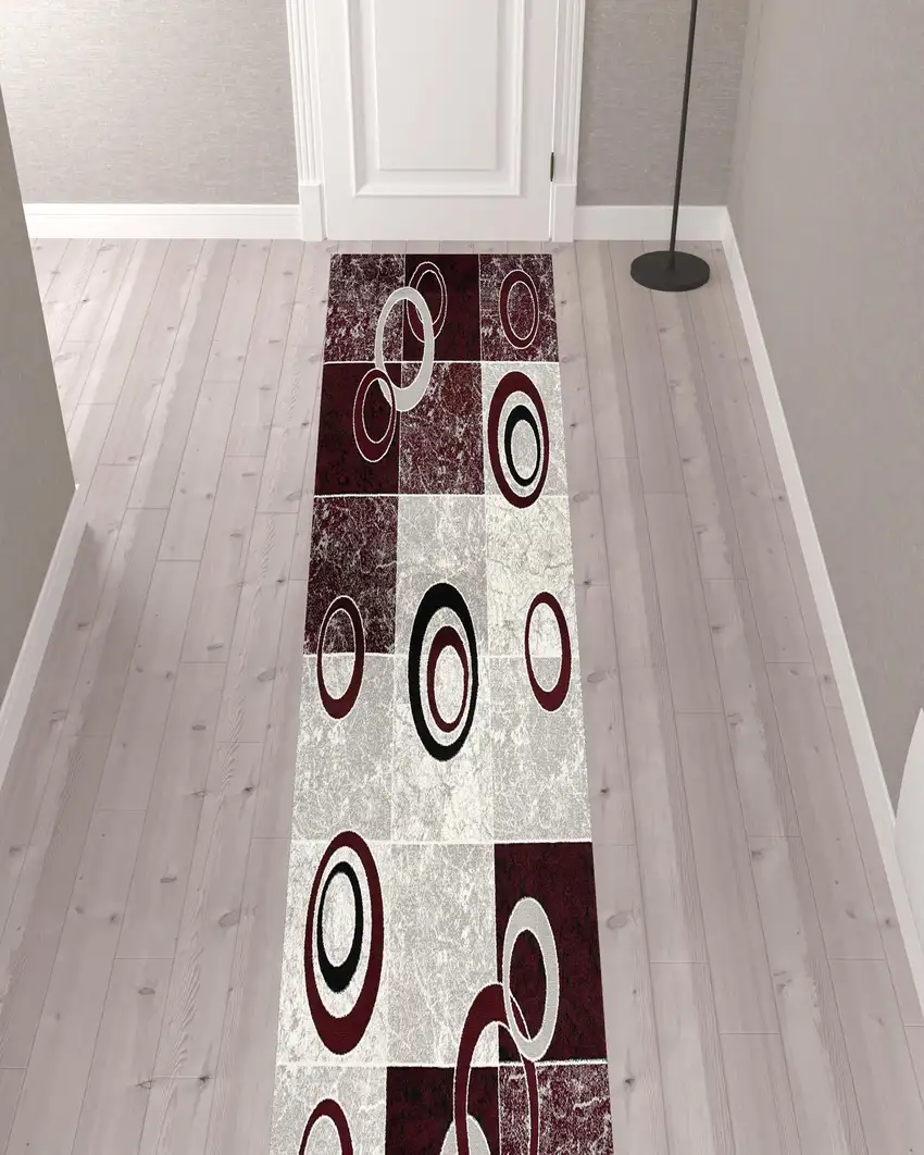 13' Red and White Geometric Power Loom Runner Rug Photo 3