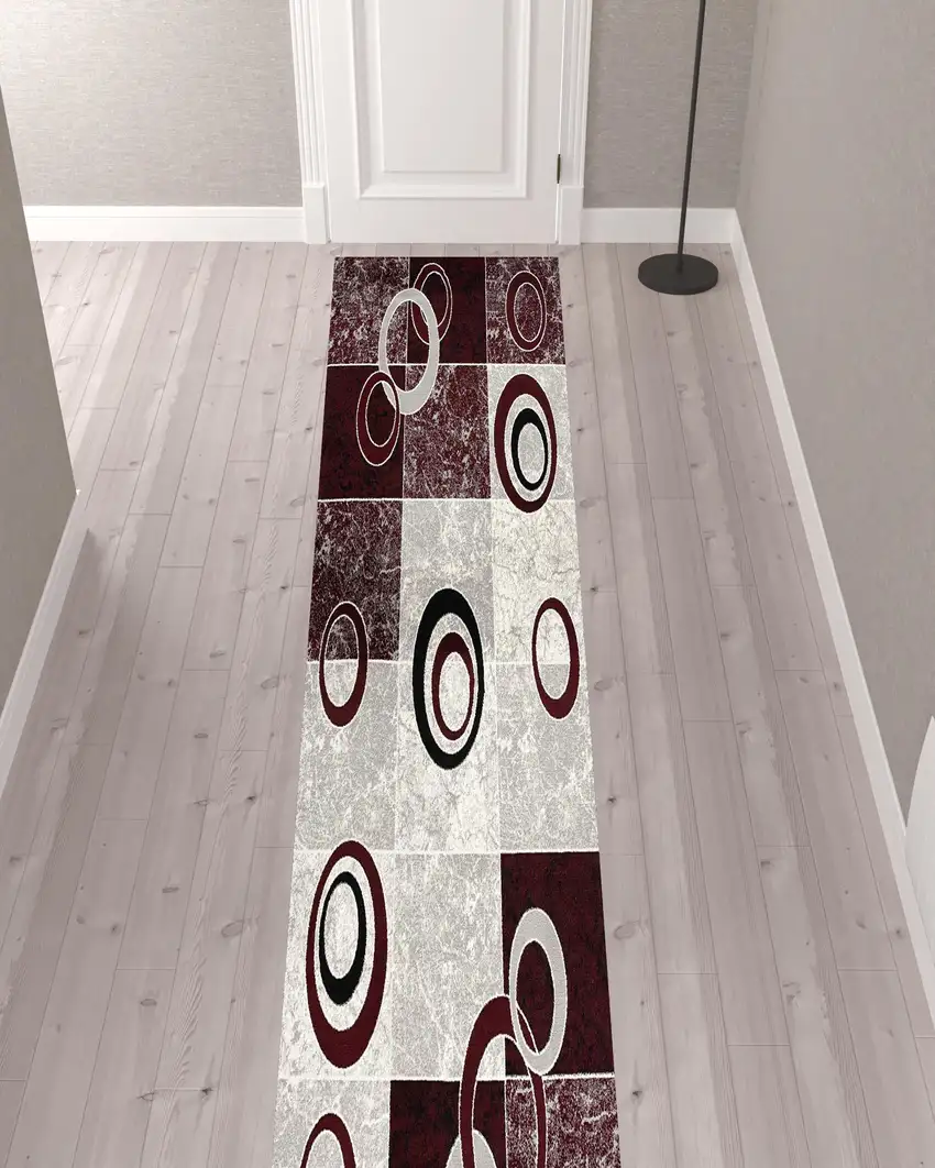 13' Red and White Geometric Power Loom Runner Rug Photo 2