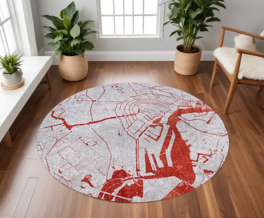 8' Red and White Round Abstract Non Skid Area Rug Photo 1