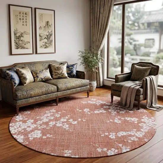 8' Red and White Round Oriental Non Skid Area Rug Photo 1