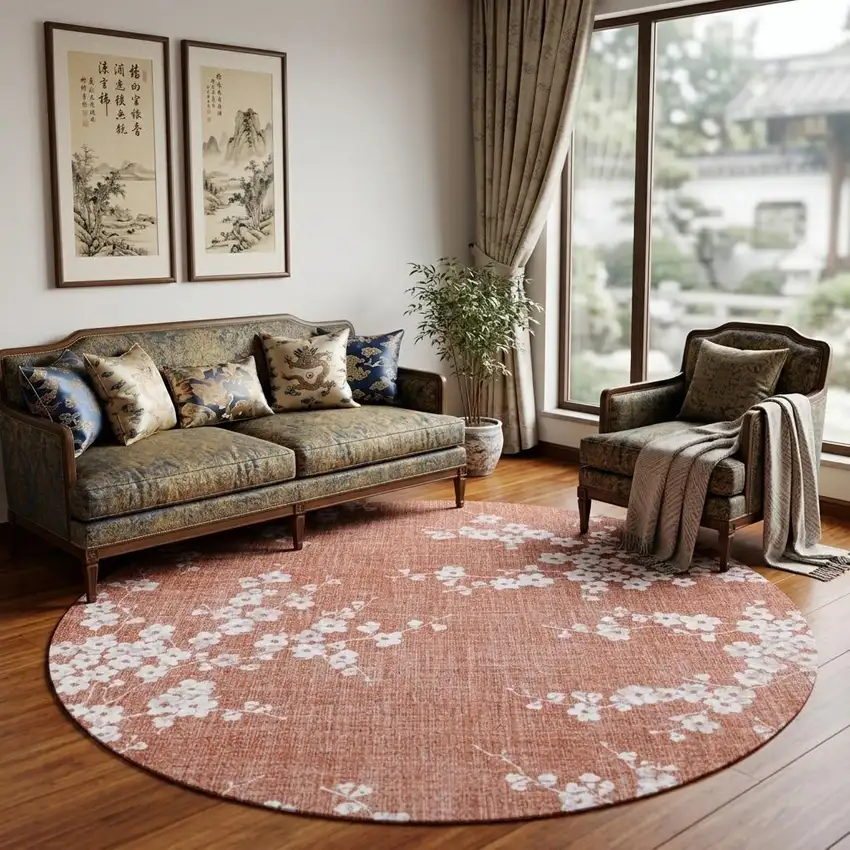 8' Red and White Round Oriental Non Skid Area Rug Photo 1
