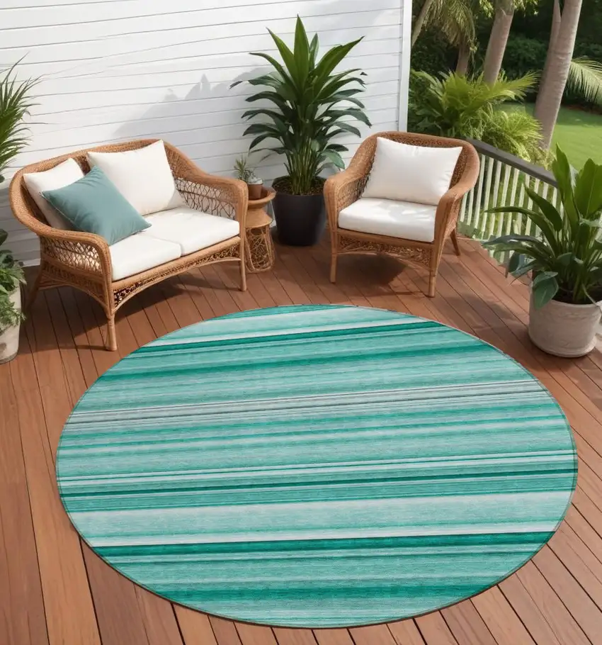 Aqua Round Striped Washable Indoor Outdoor Area Rug Photo 1