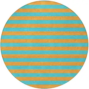 Photo of 8' Round Aqua Round Striped Washable Non Skid Indoor Outdoor Area Rug