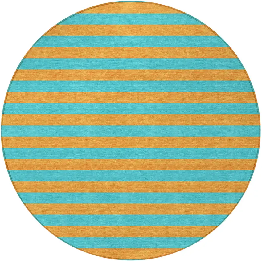 8' Round Aqua Round Striped Washable Non Skid Indoor Outdoor Area Rug Photo 4
