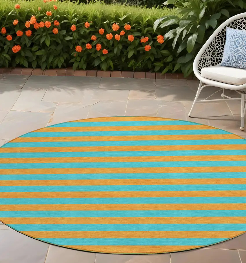 Aqua Round Striped Washable Non Skid Indoor Outdoor Area Rug Photo 1