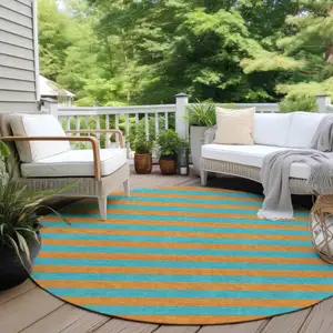 Photo of 8' Round Aqua Round Striped Washable Non Skid Indoor Outdoor Area Rug