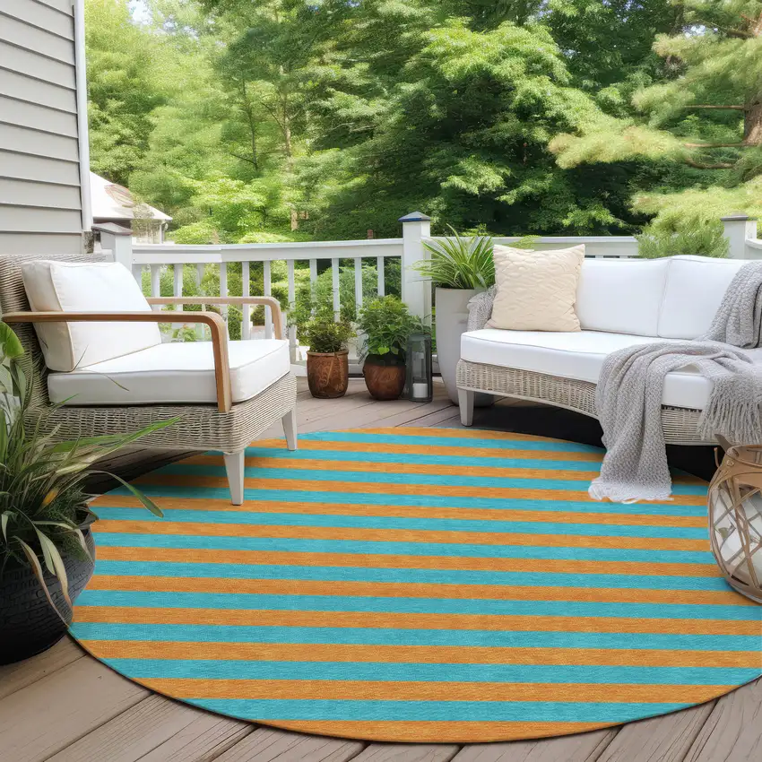 8' Round Aqua Round Striped Washable Non Skid Indoor Outdoor Area Rug Photo 8
