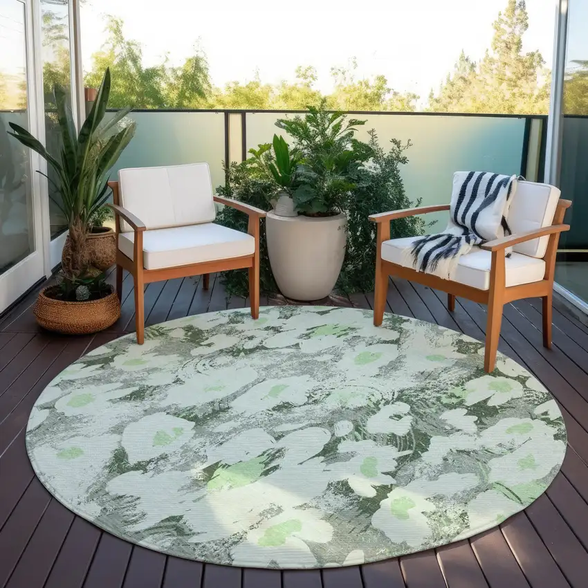 Artichoke Green Round Floral Washable Non Skid Indoor Outdoor Area Rug Photo 8