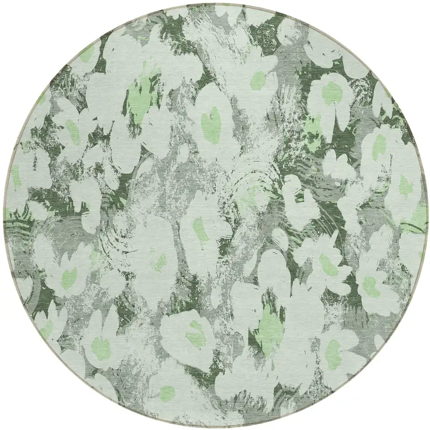 Artichoke Green Round Floral Washable Non Skid Indoor Outdoor Area Rug Photo 2