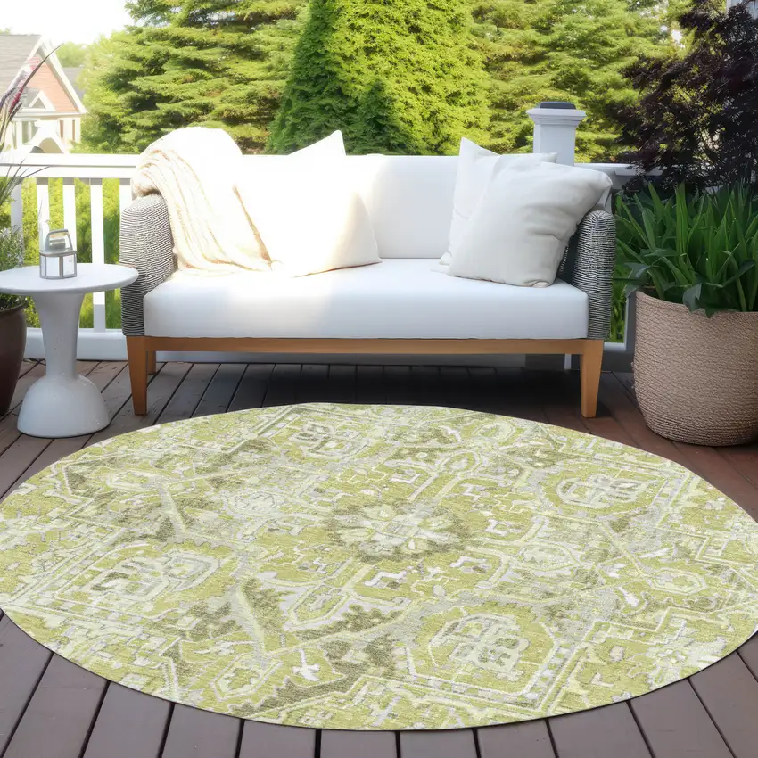 Artichoke Green Round Oriental Washable Non Skid Indoor Outdoor Area Rug Photo 7
