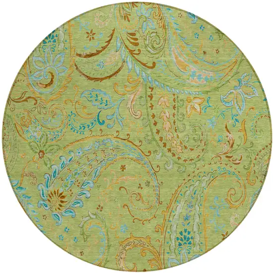 Artichoke Green Round Paisley Washable Indoor Outdoor Area Rug Photo 2