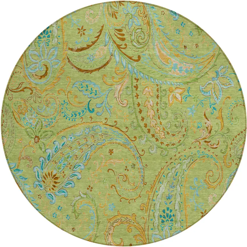 Artichoke Green Round Paisley Washable Indoor Outdoor Area Rug Photo 2
