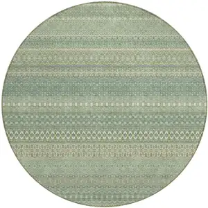 Photo of 8' Round Artichoke Green Round Striped Washable Non Skid Indoor Outdoor Area Rug