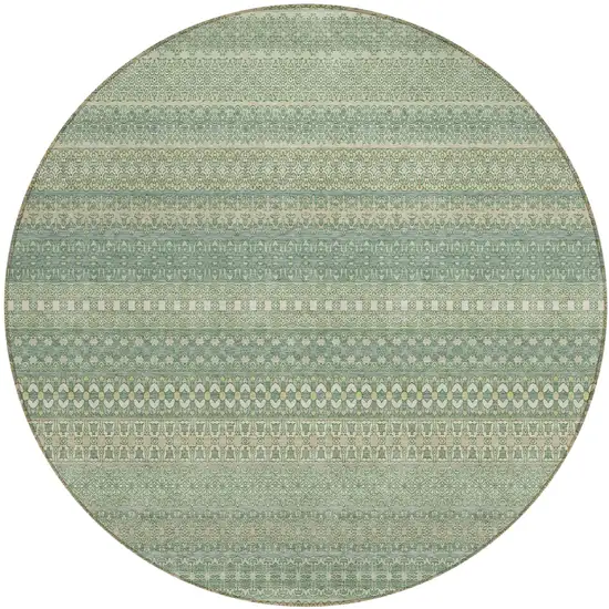 8' Round Artichoke Green Round Striped Washable Non Skid Indoor Outdoor Area Rug Photo 2