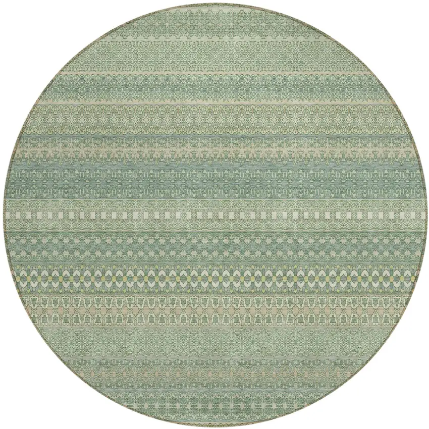 8' Round Artichoke Green Round Striped Washable Non Skid Indoor Outdoor Area Rug Photo 2
