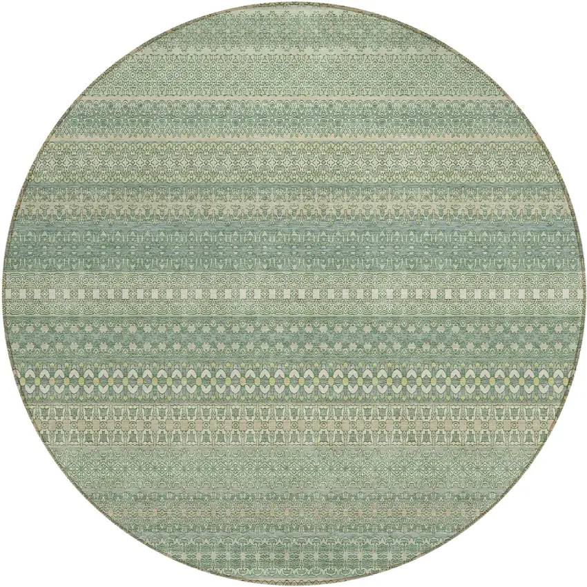 8' Round Artichoke Green Round Striped Washable Non Skid Indoor Outdoor Area Rug Photo 2