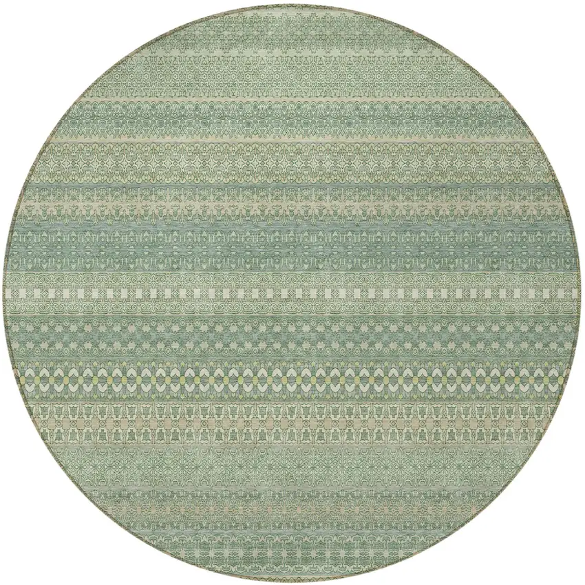 Artichoke Green Round Striped Washable Non Skid Indoor Outdoor Area Rug Photo 4