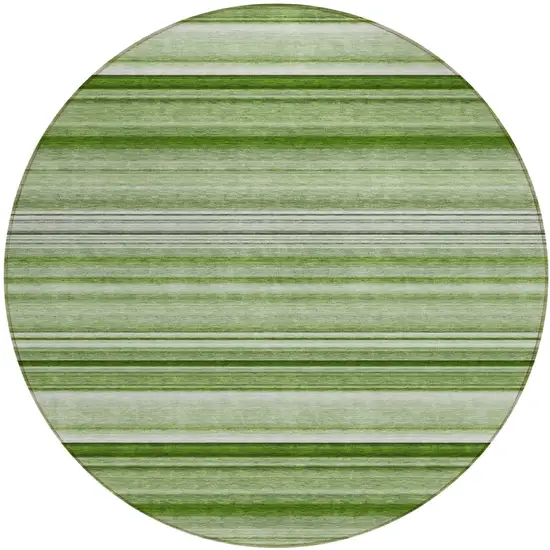 Artichoke Green Round Striped Washable Indoor Outdoor Area Rug Photo 2