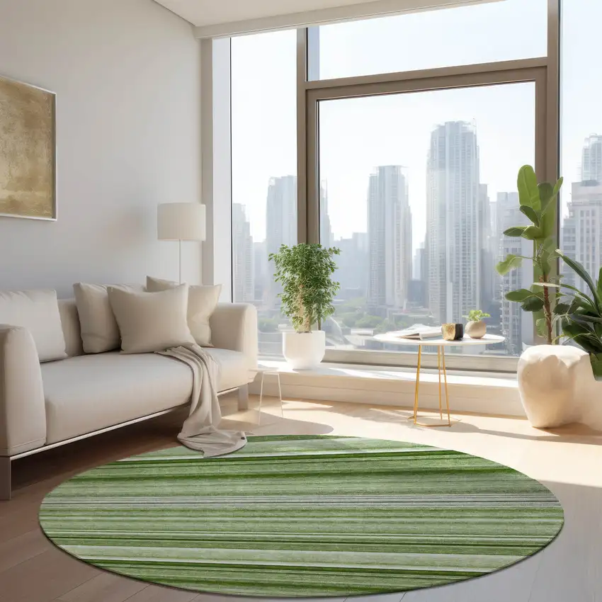 Artichoke Green Round Striped Washable Indoor Outdoor Area Rug Photo 6