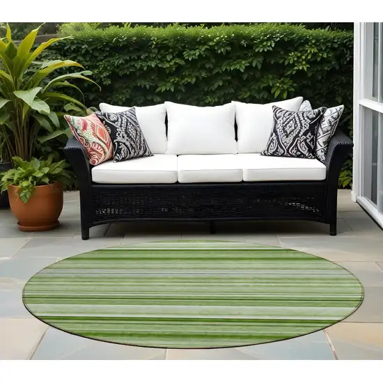 Artichoke Green Round Striped Washable Indoor Outdoor Area Rug Photo 1