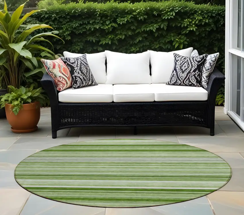 Artichoke Green Round Striped Washable Indoor Outdoor Area Rug Photo 1