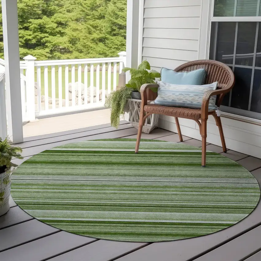 Artichoke Green Round Striped Washable Indoor Outdoor Area Rug Photo 5