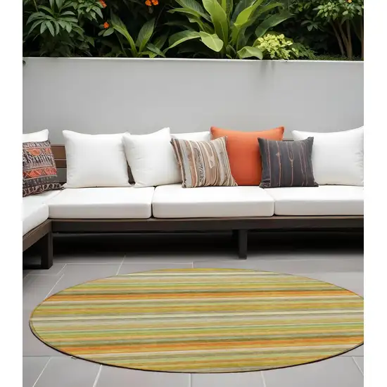 Artichoke Green Round Striped Washable Non Skid Indoor Outdoor Area Rug Photo 1