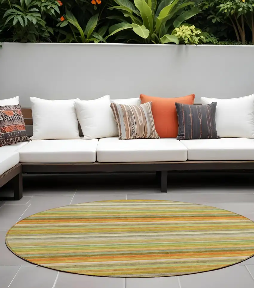 Artichoke Green Round Striped Washable Non Skid Indoor Outdoor Area Rug Photo 1