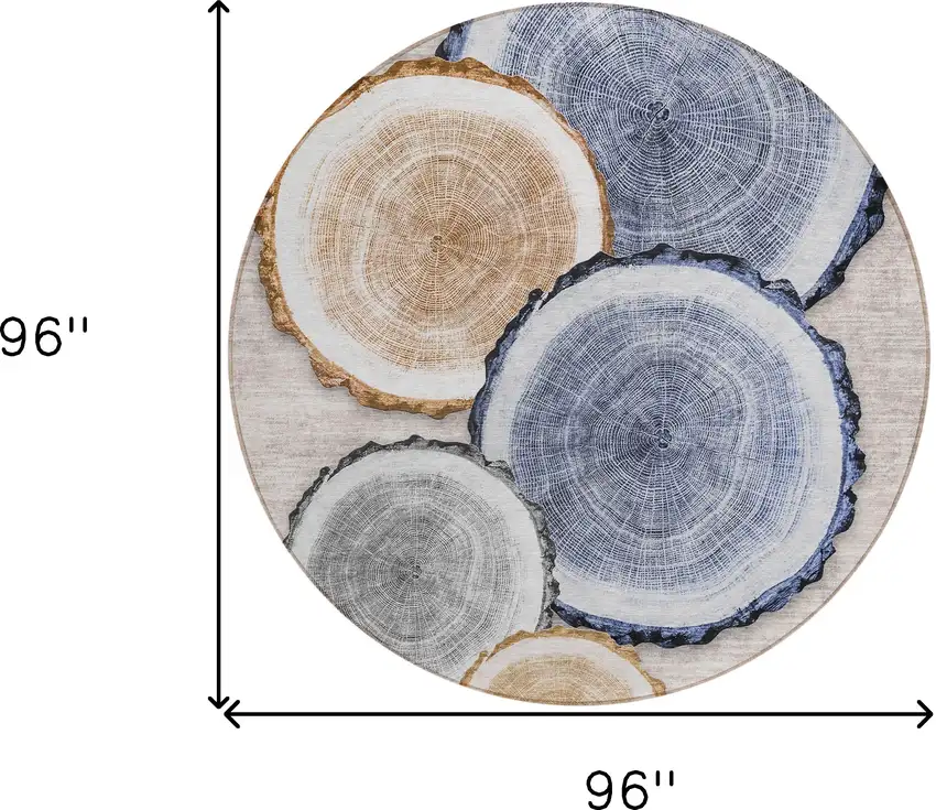 8' Round Beige Blue and Gold Round Faux Bois Washable Non Skid Indoor Outdoor Area Rug Photo 3