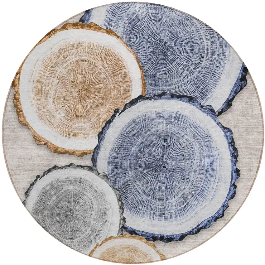 Beige Blue and Gold Round Faux Bois Washable Non Skid Indoor Outdoor Area Rug Photo 2