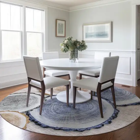 Beige Blue and Gold Round Faux Bois Washable Non Skid Indoor Outdoor Area Rug Photo 9