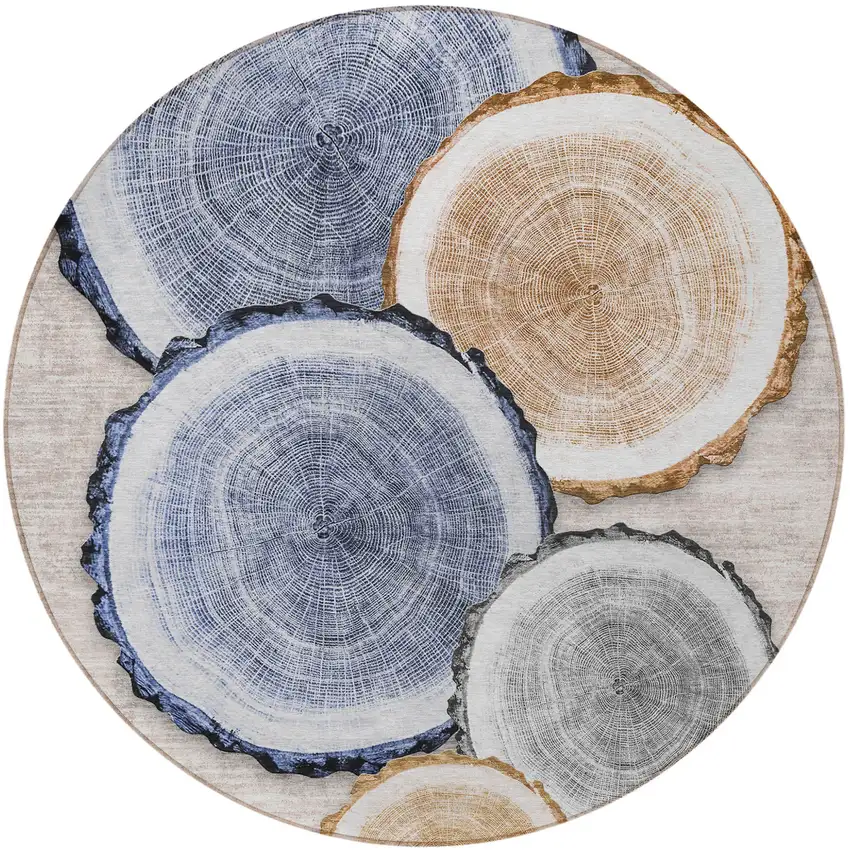 Beige Blue and Gold Round Faux Bois Washable Non Skid Indoor Outdoor Area Rug Photo 4