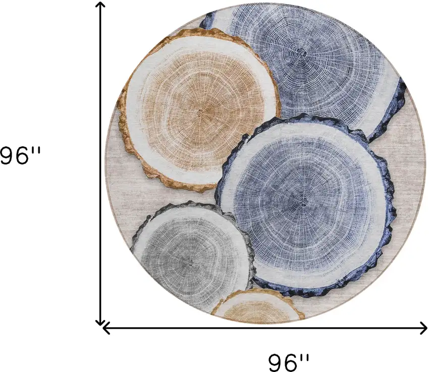 Beige Blue and Gold Round Faux Bois Washable Non Skid Indoor Outdoor Area Rug Photo 3