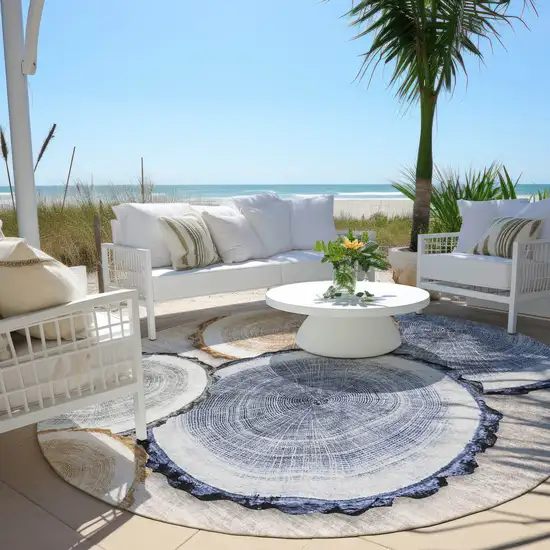 Beige Blue and Gold Round Faux Bois Washable Non Skid Indoor Outdoor Area Rug Photo 8