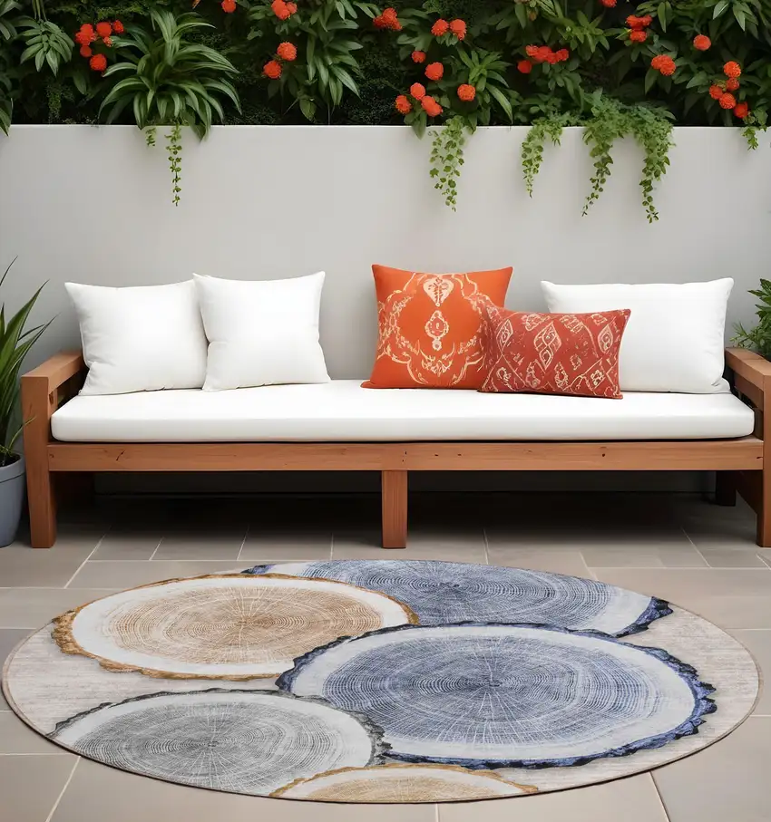 Beige Blue and Gold Round Faux Bois Washable Non Skid Indoor Outdoor Area Rug Photo 1