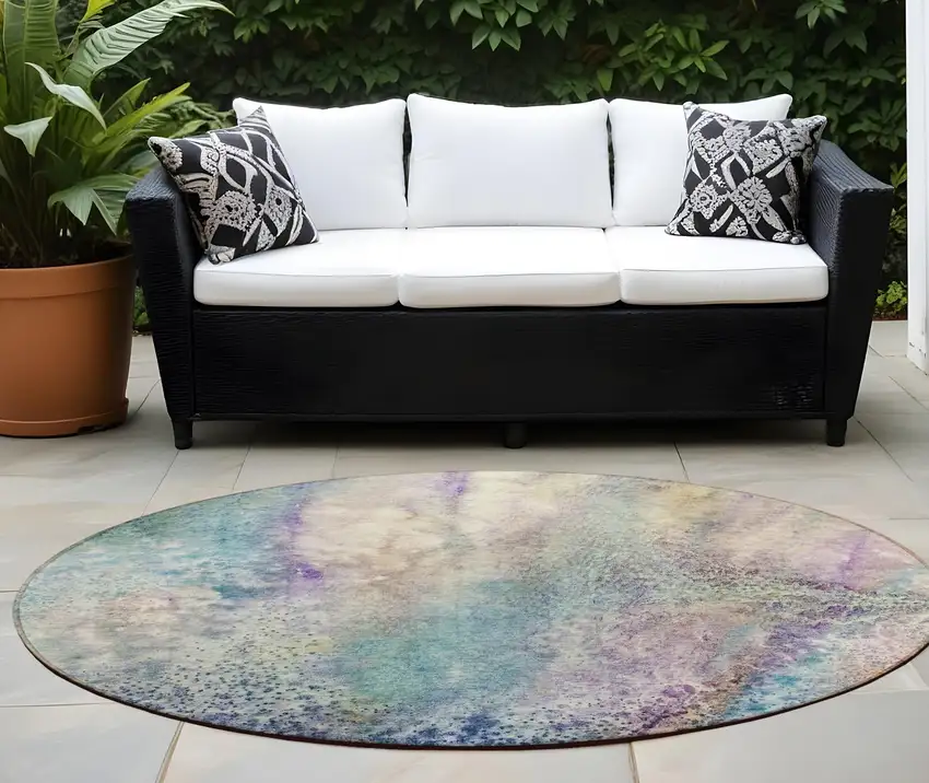 Beige Blue and Gray Round Abstract Washable Non Skid Indoor Outdoor Area Rug Photo 1