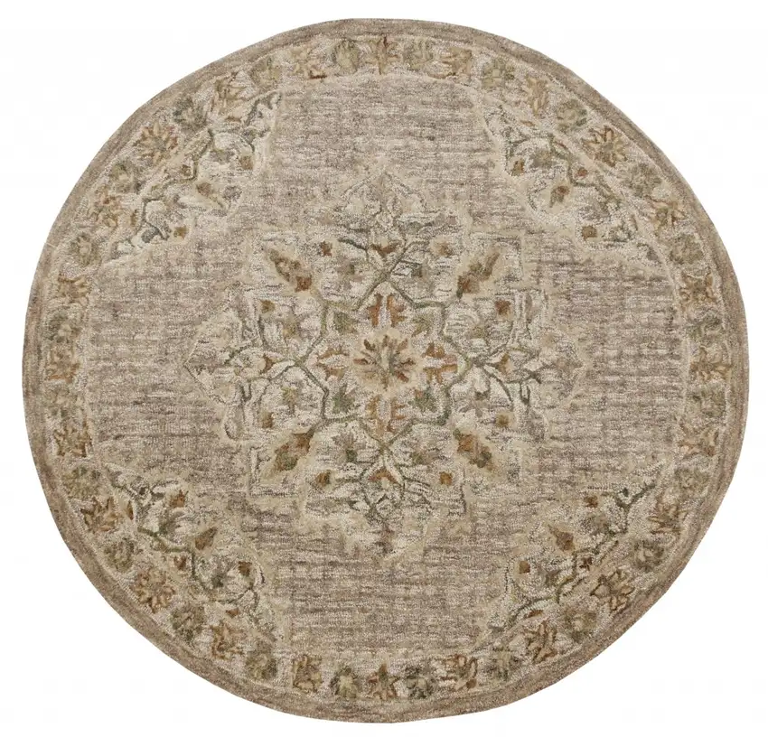 4' Round Beige Distressed Medallion Area Rug Photo 1