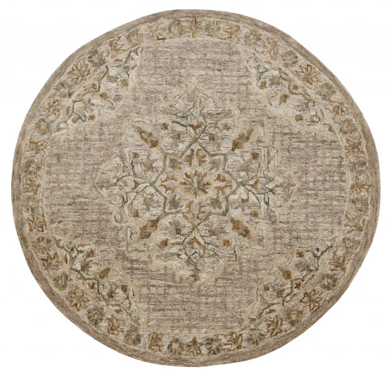 6' Round Beige Distressed Medallion Area Rug Photo 2