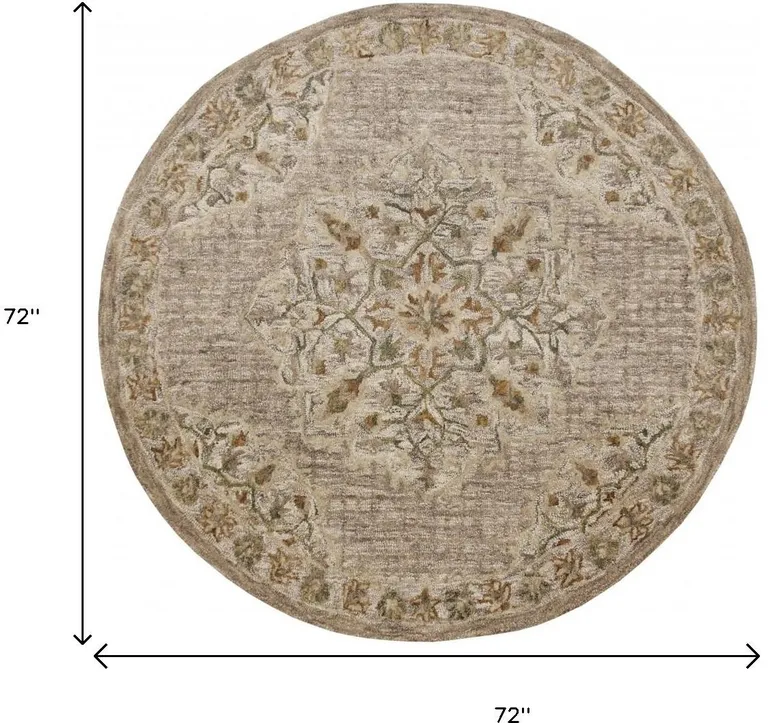 6' Round Beige Distressed Medallion Area Rug Photo 3