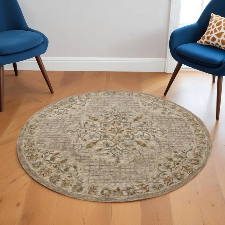 6' Round Beige Distressed Medallion Area Rug Photo 1