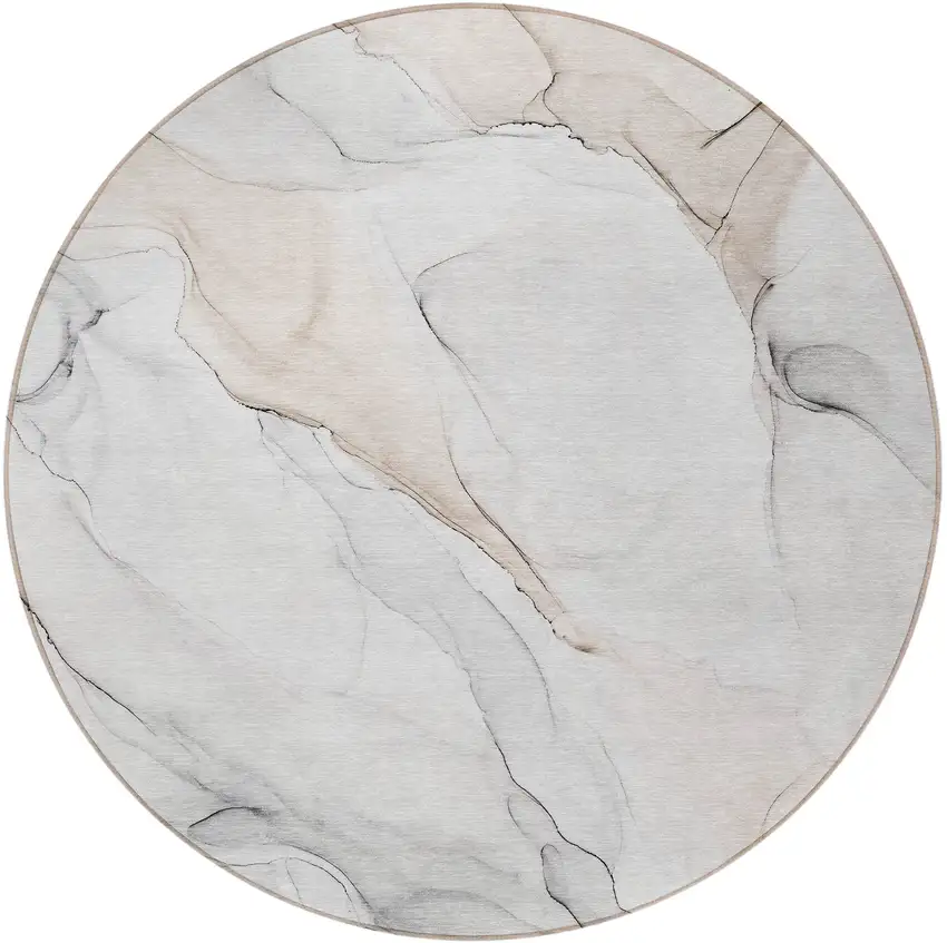 Beige Ivory and Gray Round Abstract Washable Non Skid Indoor Outdoor Area Rug Photo 4