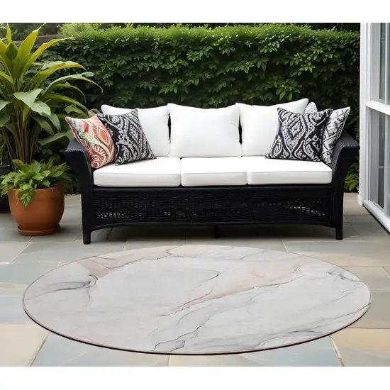 Beige Ivory and Gray Round Abstract Washable Non Skid Indoor Outdoor Area Rug Photo 1
