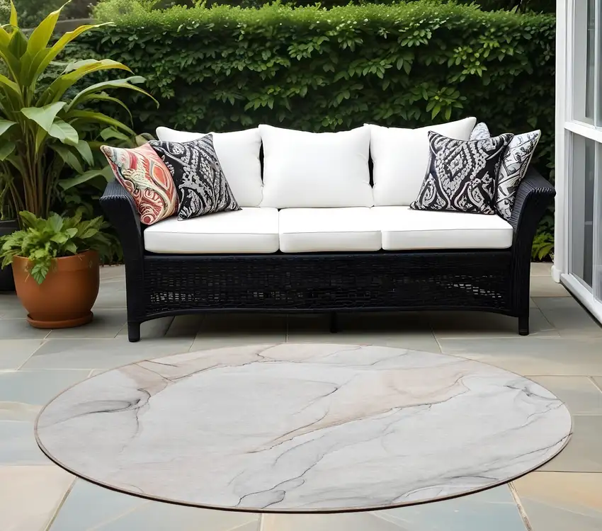 Beige Ivory and Gray Round Abstract Washable Non Skid Indoor Outdoor Area Rug Photo 1