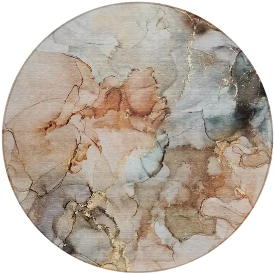 Beige Round Abstract Washable Non Skid Indoor Outdoor Area Rug Photo 2