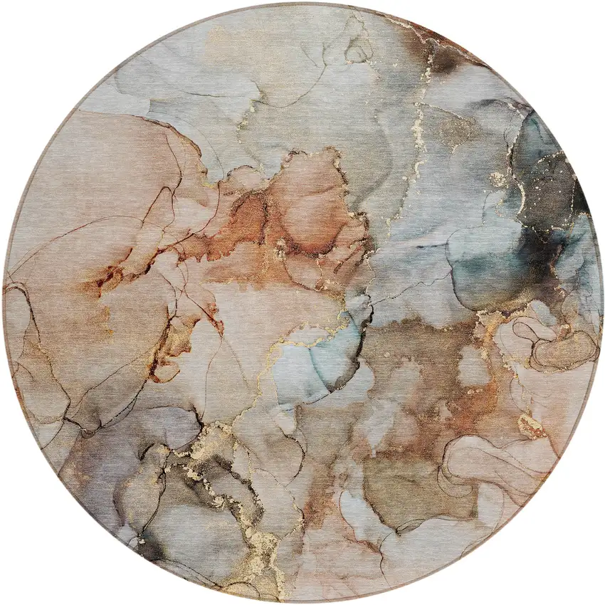Beige Round Abstract Washable Non Skid Indoor Outdoor Area Rug Photo 2