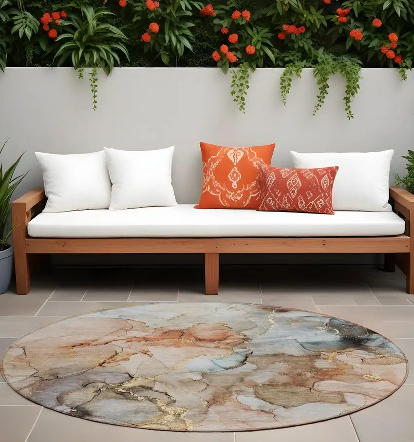 8' Round Beige Round Abstract Washable Non Skid Indoor Outdoor Area Rug Photo 1