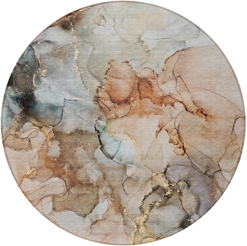 8' Round Beige Round Abstract Washable Non Skid Indoor Outdoor Area Rug Photo 5