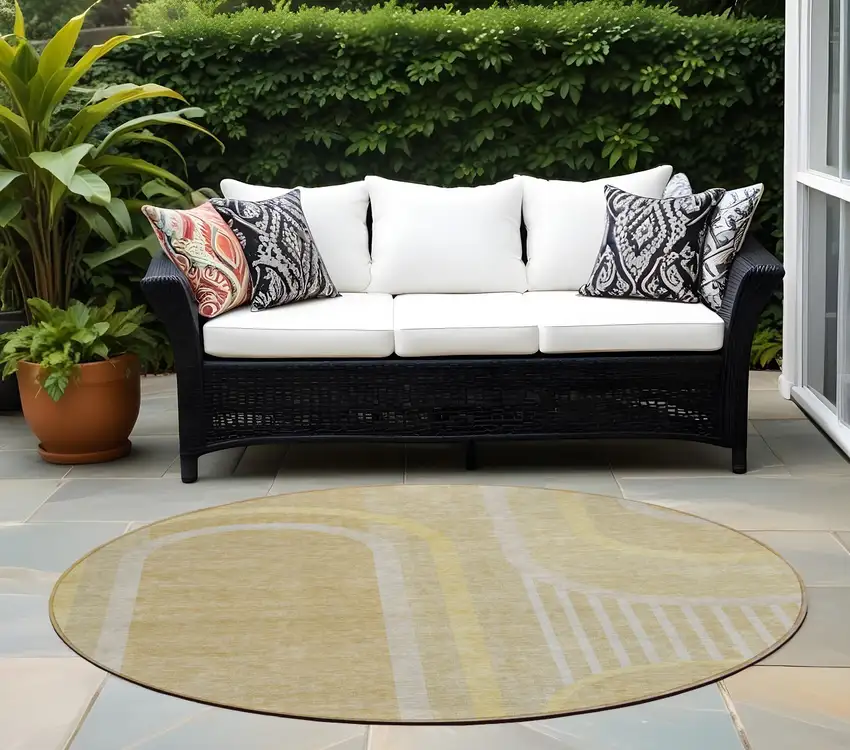 Beige Round Abstract Washable Indoor Outdoor Area Rug Photo 1